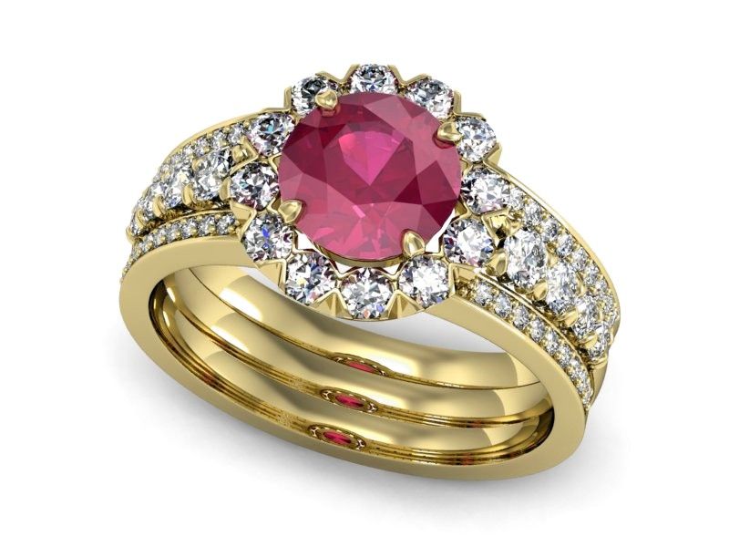 Złoty pierścionek z rubinem i brylantami złoto proba 585 - P15325zr