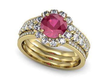 Złoty pierścionek z rubinem i brylantami - P15325zr - 1