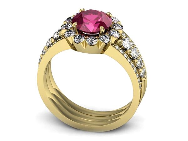 Złoty pierścionek z rubinem i brylantami - P15325zr
