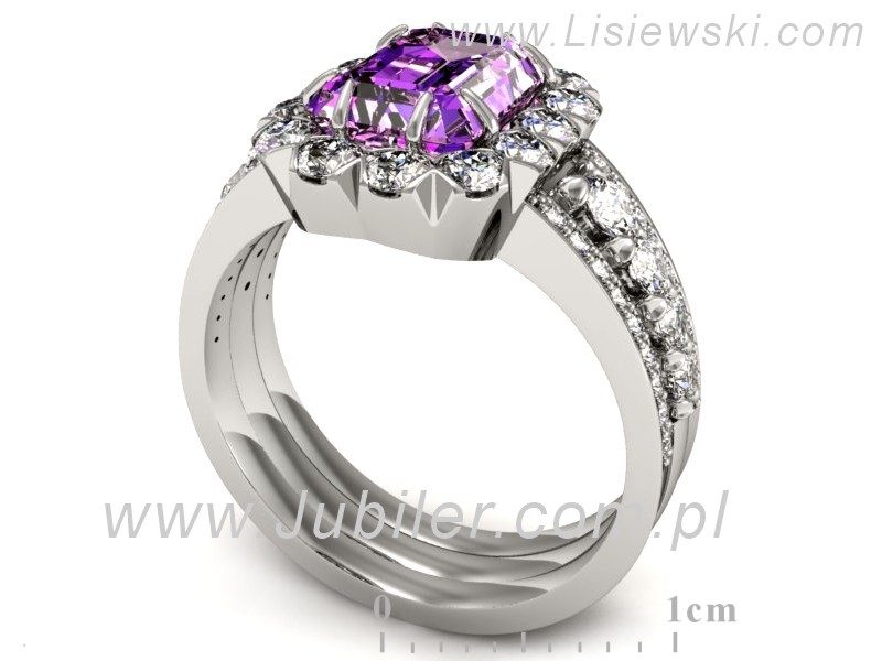 Złoty pierścionek z ametystem i brylantami - P15339bat — zdjęcie 3