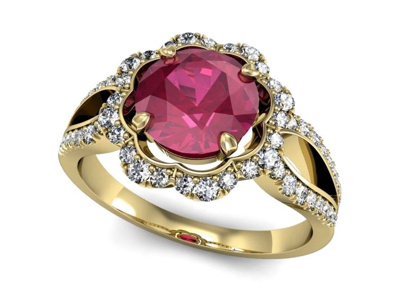 Złoty pierścionek z rubinem i brylantami złoto proba 585 — P15355zr