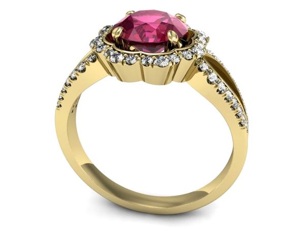 Złoty pierścionek z rubinem i brylantem złoto 585 - P15355zr