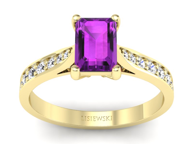 Pierścionek ametyst i brylanty żółte złoto - p16011zat