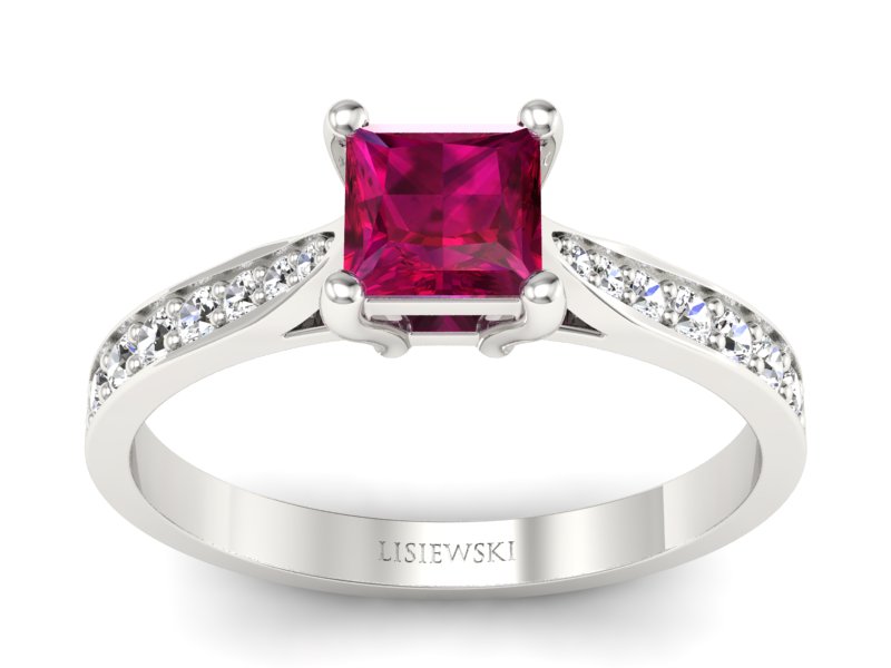 Pierścionek z rubinem i brylantami białe złoto - p16012br