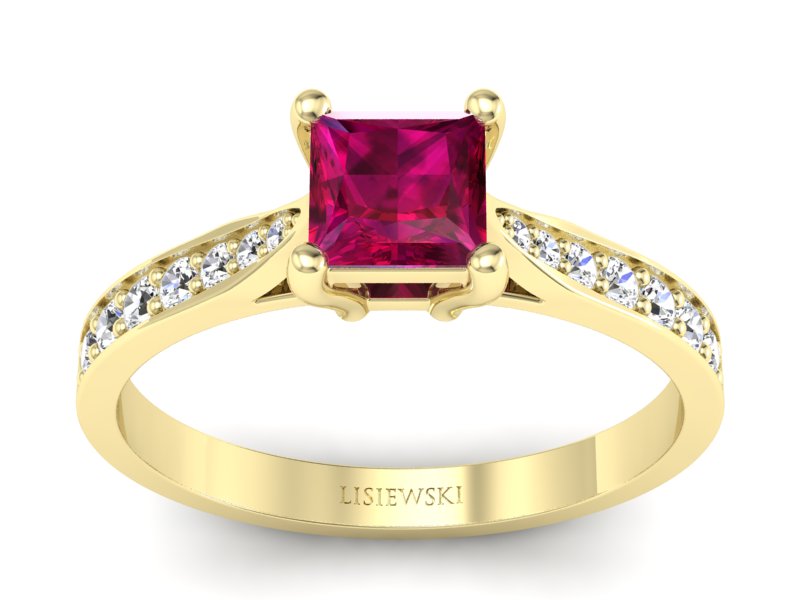 Pierścionek z rubinem i brylantami żółte złoto - p16012zr