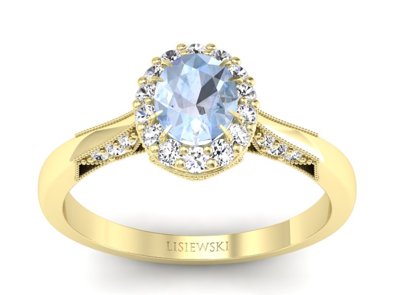 Pierścionek z akwamarynem brylanty żółte złoto - p16020zakw