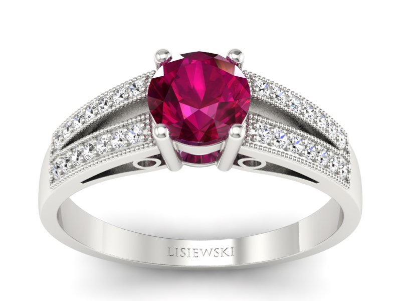 Pierścionek z rubinem i brylantami białe złoto - p16026br