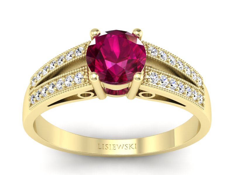 Pierścionek z rubinem z brylantami żółte złoto - p16026zr