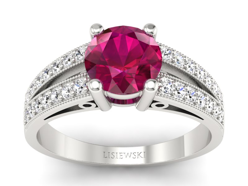Pierścionek z rubinem i brylantami białe złoto - p16027br