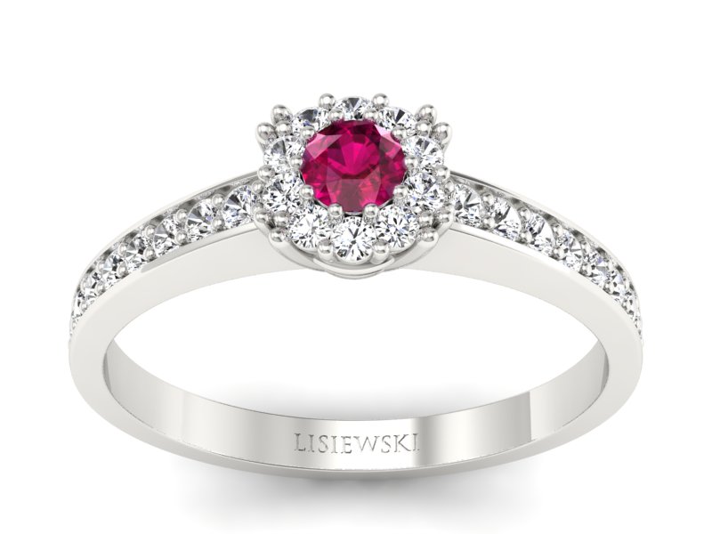 Pierścionek z rubinem i brylantami białe złoto - p16028br