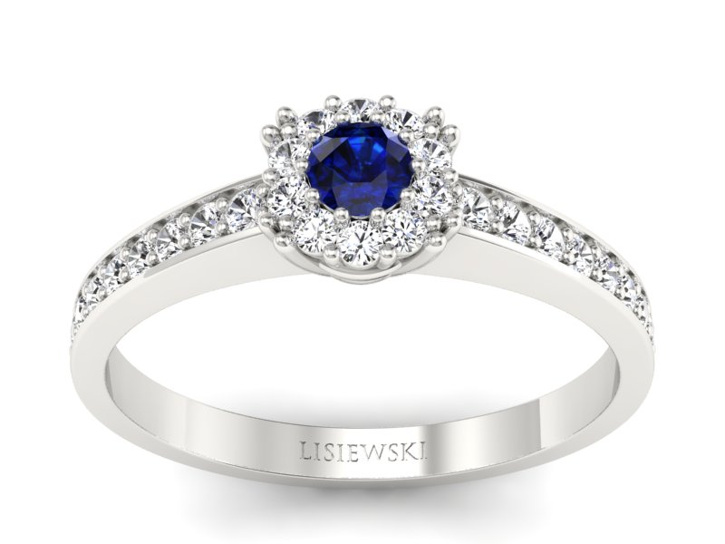 Pierścionek z szafirem i brylantami białe złoto - p16028bsz
