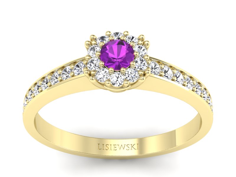 Pierścionek ametyst i brylanty żółte złoto - p16028zat