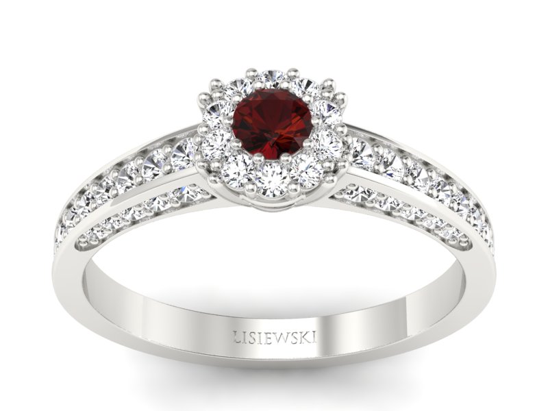 Pierścionek z granatem i brylantami białe złoto - p16029bgr