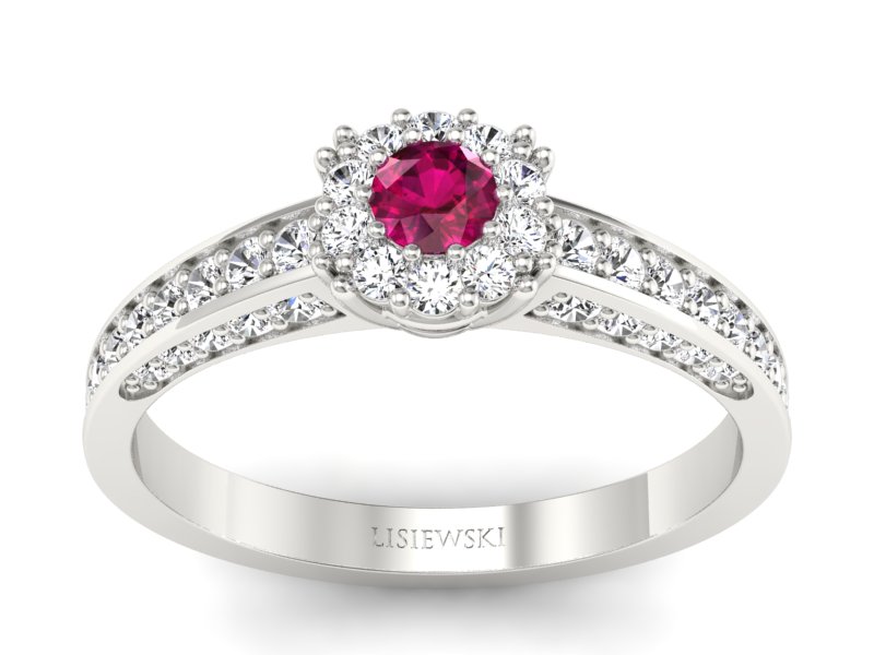 Pierścionek z rubinem i brylantami białe złoto - p16029br