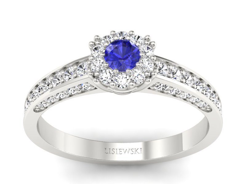 Pierścionek z szafirem i brylantami białe złoto - p16029bszc