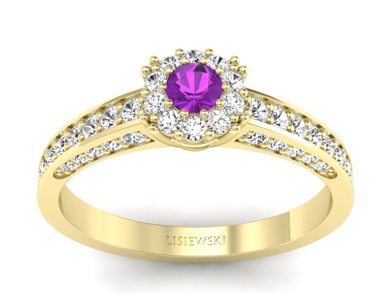 Pierścionek z ametystem i brylantami żółte złoto - p16029zat