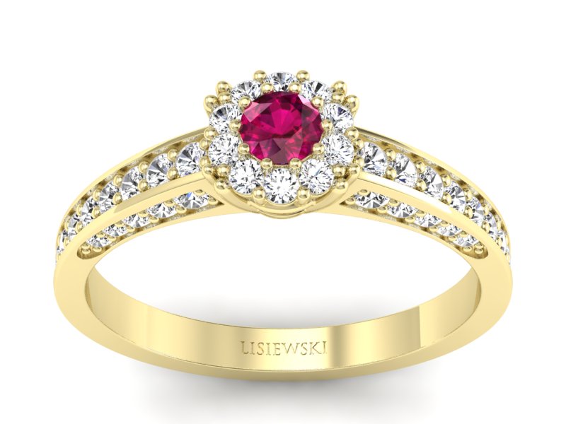 Pierścionek z rubinem i brylantami żółte złoto - p16029zr