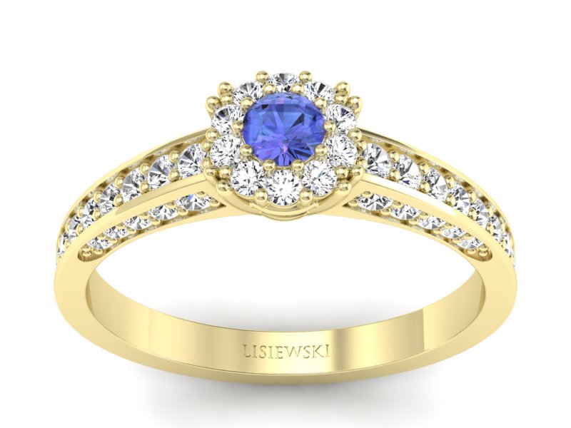 Pierścionek z tanzanitem i brylantami żółte złoto - p16029zt