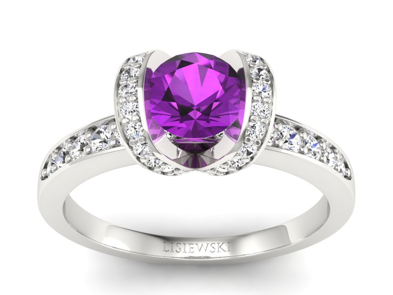 Pierścionek białe złoto z ametystem i brylantami - p16034bat