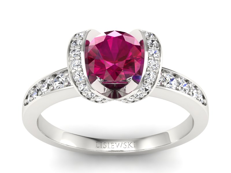 Pierścionek z rubinem i brylantami białe złoto - p16034br