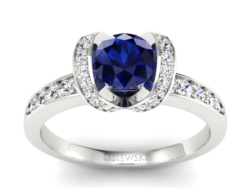 Pierścionek z szafirem i brylantami białe złoto - p16034bsz