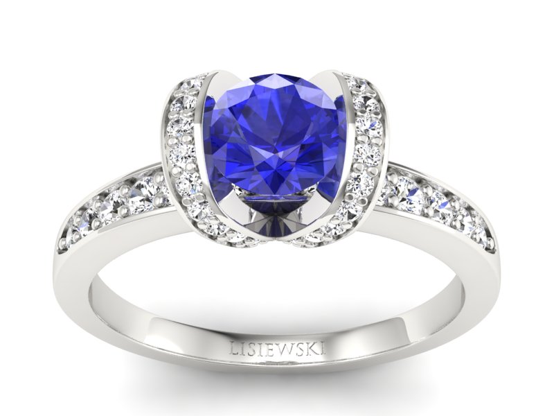 Pierścionek z szafirem i brylantami białe złoto - p16034bszc