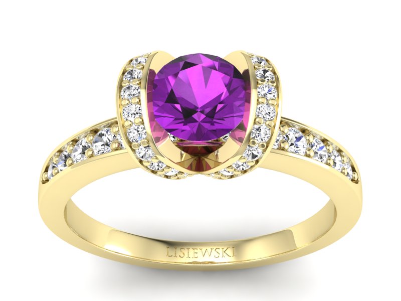 Pierścionek ametyst i brylanty żółte złoto - p16034zat