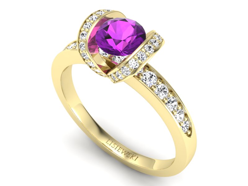 Pierścionek ametyst i brylanty żółte złoto - p16034zat — zdjęcie 3