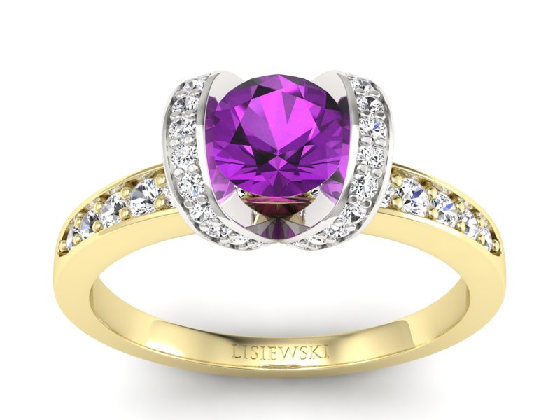 Pierścionek ametyst brylanty żółte białe złoto - p16034zbat