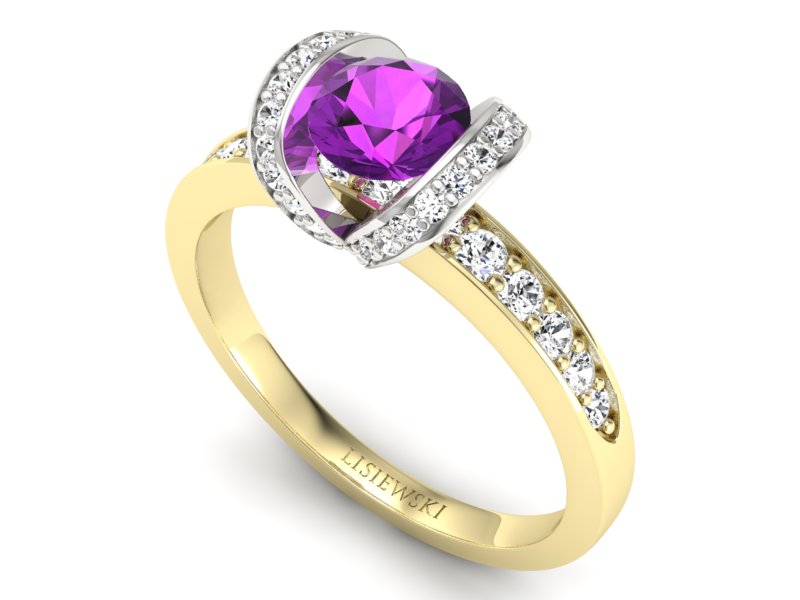 Pierścionek ametyst brylanty żółte białe złoto - p16034zbat — zdjęcie 3