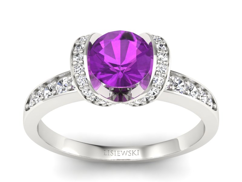Pierścionek z ametystem i brylantami białe złoto - p16035bat