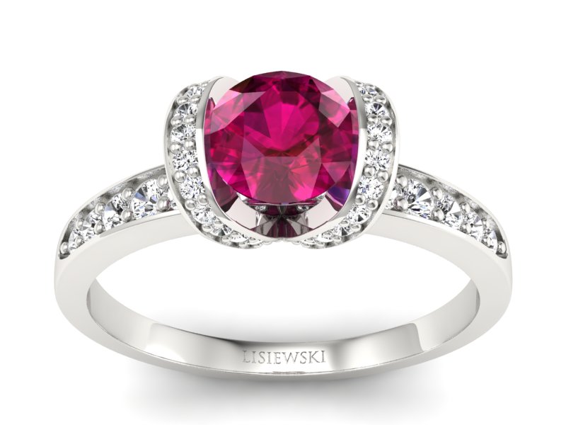 Pierścionek z rubinem i brylantami białe złoto - p16035br