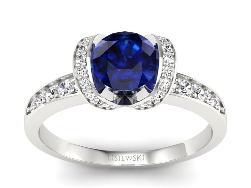 Pierścionek z szafirem i brylantami białe złoto - p16035bsz