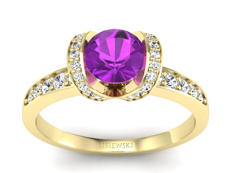Pierścionek ametyst i brylanty żółte złoto - p16035zat