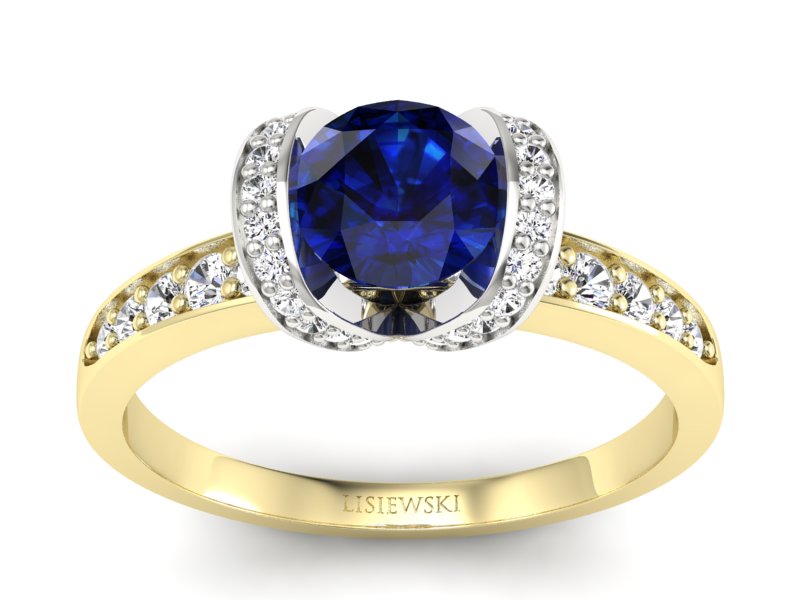 Pierścionek szafir i diamenty białe żółte złoto - p16035zbsz