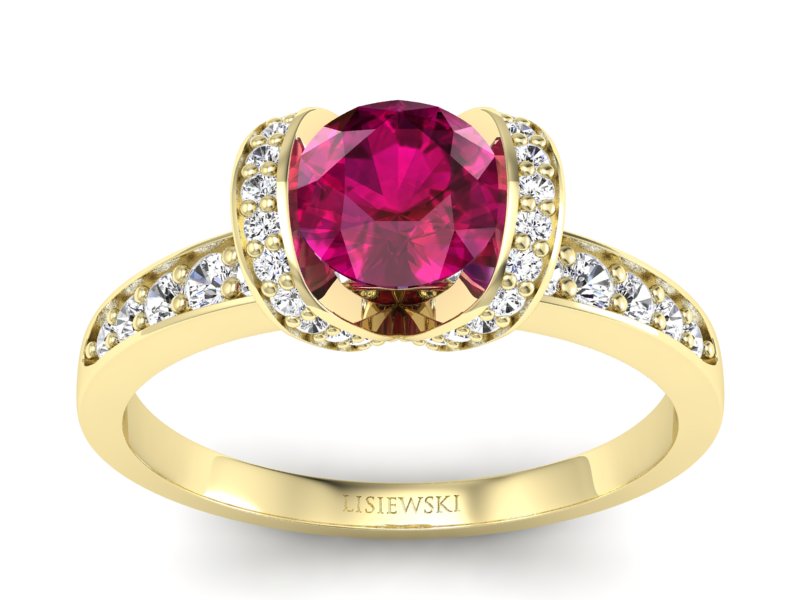 Pierścionek z rubinem i brylantami żółte złoto - p16035zr