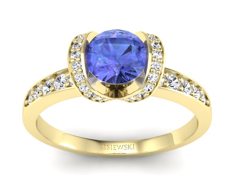 Pierścionek z tanzanitem i brylantami żółte złoto - p16035zt