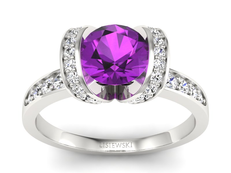 Pierścionek z ametystem i brylantami białe złoto - p16036bat