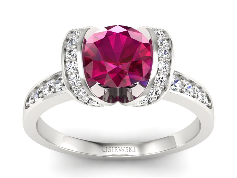 Pierścionek z rubinem i brylantami białe złoto - p16036br