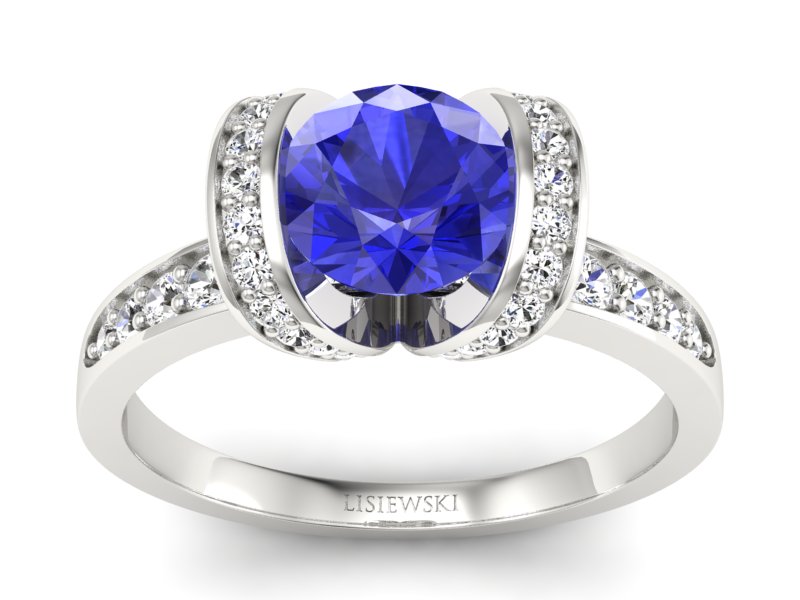 Pierścionek z szafirem i brylantami białe złoto - p16036bszc