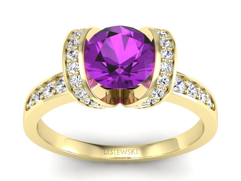 Złoty pierścionek z ametystem i brylantami - p16036zat