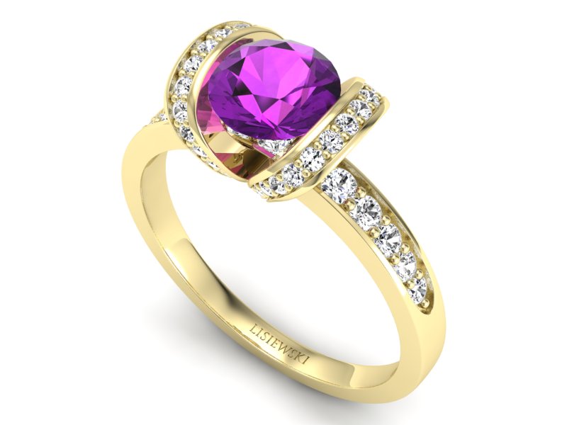 Złoty pierścionek z ametystem i brylantami - p16036zat — zdjęcie 3