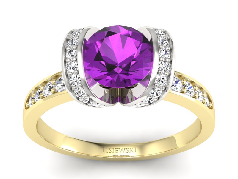Złoty pierścionek z ametystem i brylantami - p16036zbat