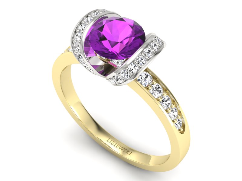 Złoty pierścionek z ametystem i brylantami - p16036zbat — zdjęcie 3