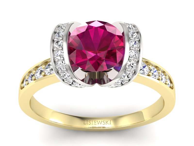 Złoty pierścionek z rubinem i diamentami - p16036zbr