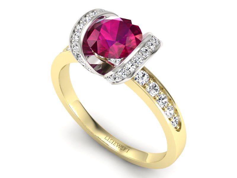 Złoty pierścionek z rubinem i diamentami - p16036zbr — zdjęcie 3