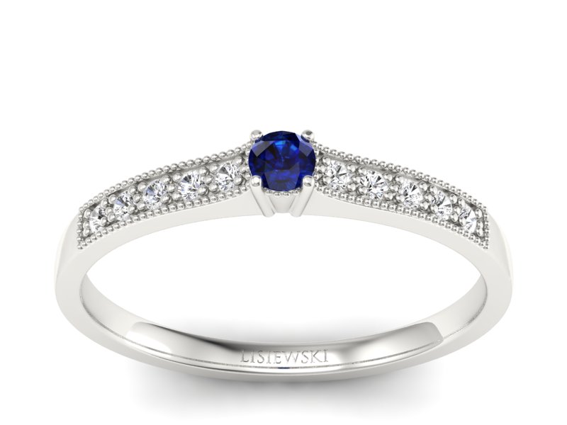 Pierścionek z szafirem i brylantami białe złoto - p16042bsz