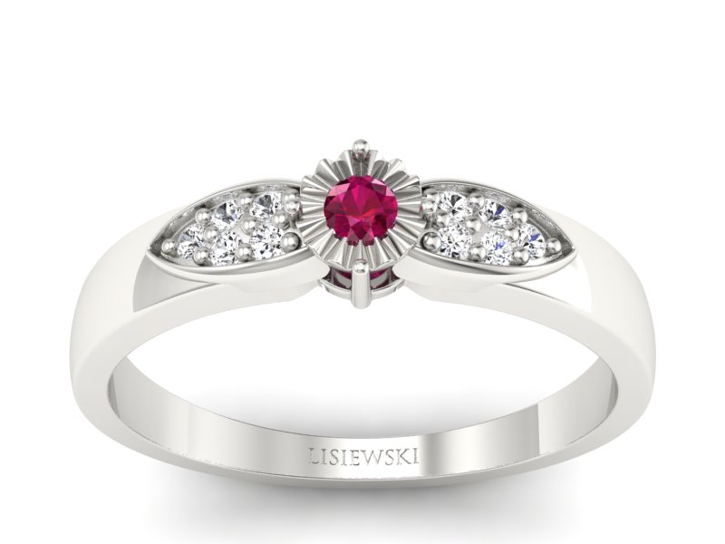Pierścionek z rubinem i brylantami białe złoto - p16049br