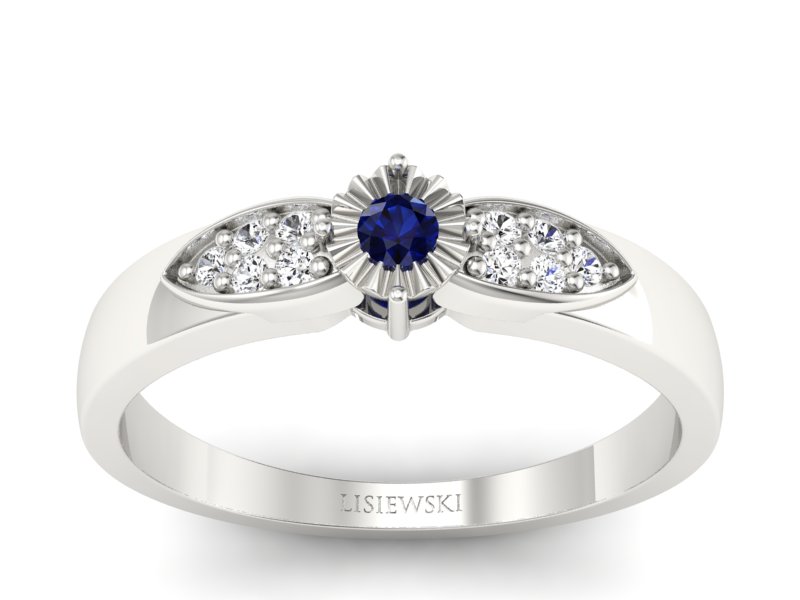 Pierścionek z szafirem i brylantami białe złoto - p16049bsz