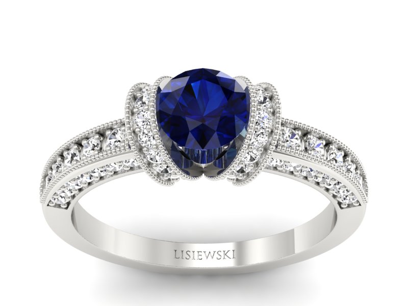 Pierścionek z szafirem i brylantami białe złoto - p16061bsz